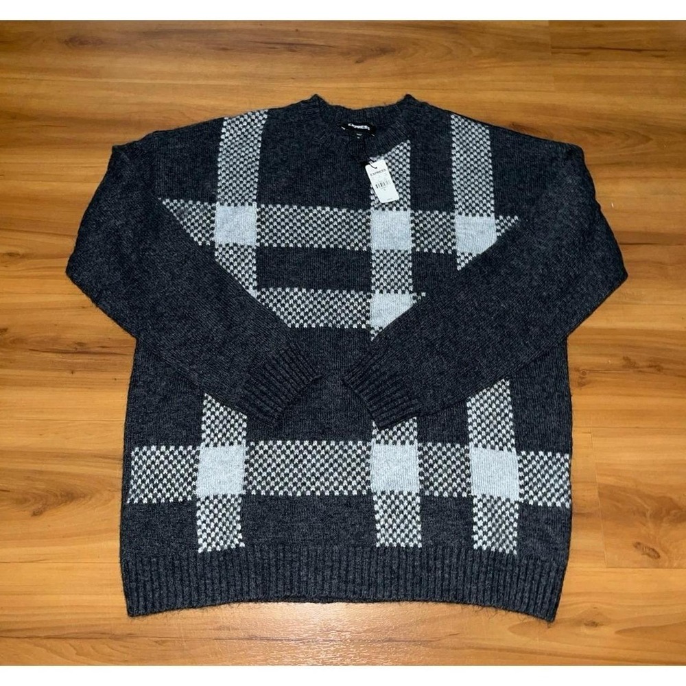 Mens NWT Express Wool Blend Plaid Print Crewneck Pullover Sweater